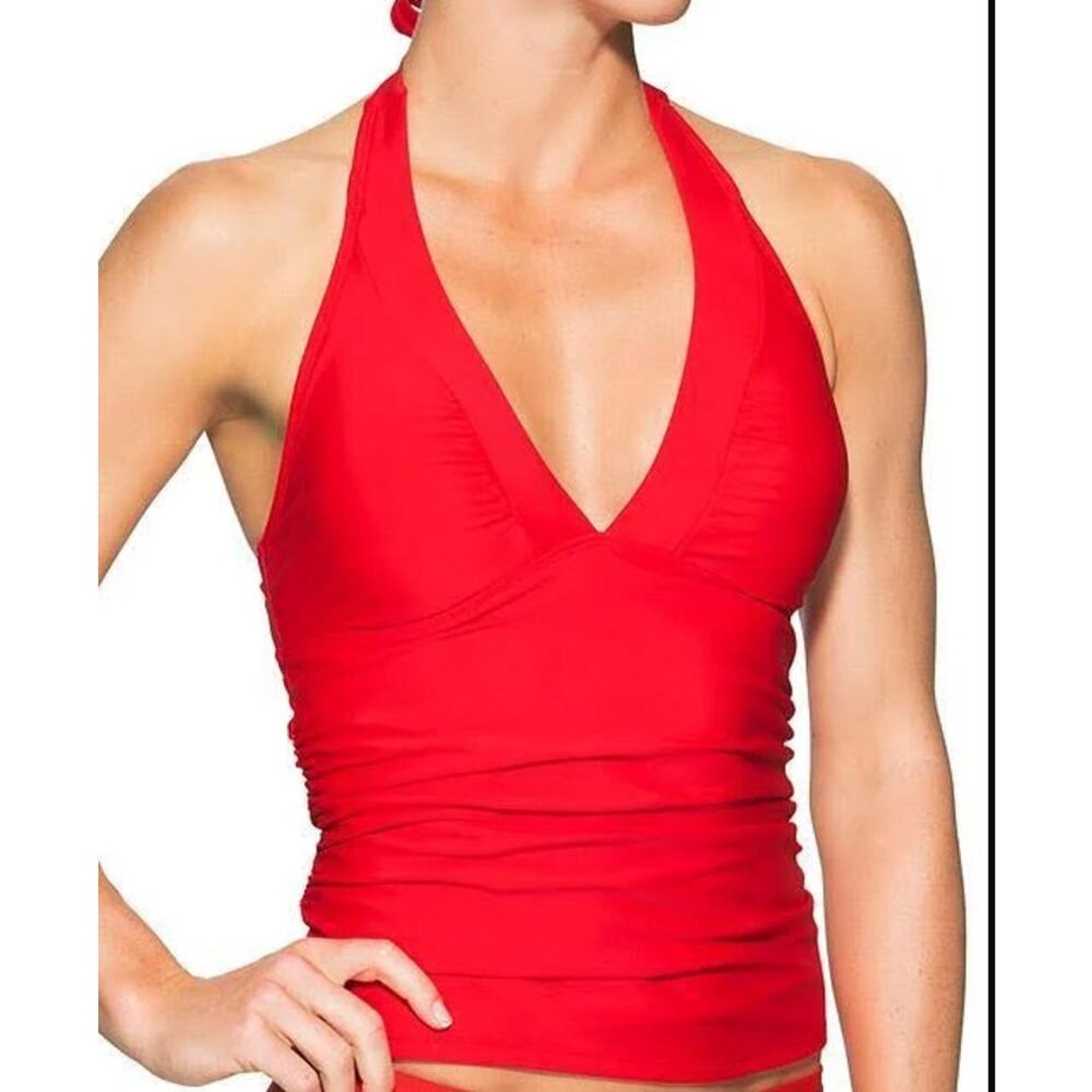 Athleta Shirrendipity Saffron Red Halter V Neck Tankini Top Size M
